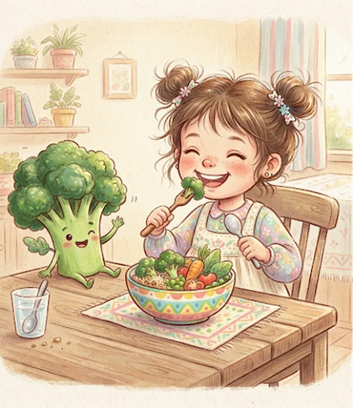 A happy little girl enjoying a bowl of fresh vegetables beside a smiling broccoli character