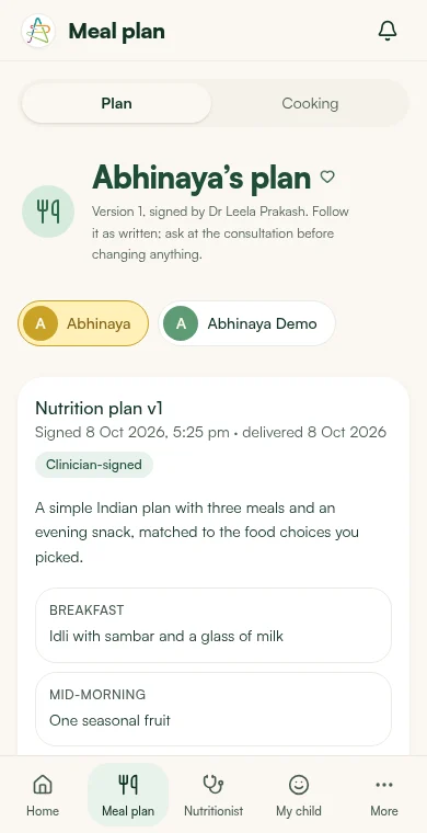Parent screen showing the signed meal plan