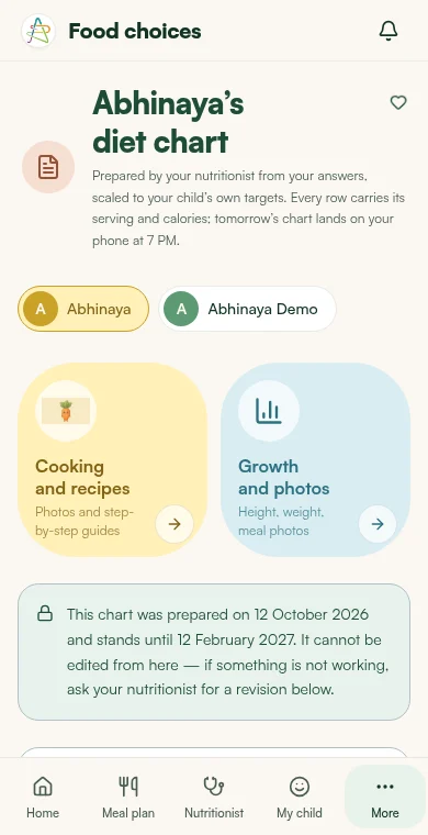 Parent portal screen where foods are picked for each meal